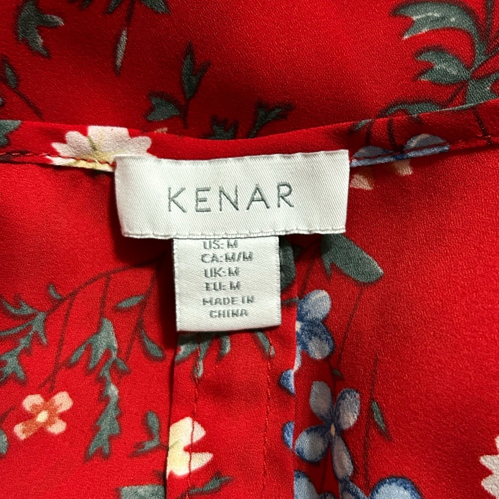 Kenar Red Floral Pleated Front Blouse Women’s Medium Tie Neck Button Up - Picture 6 of 8